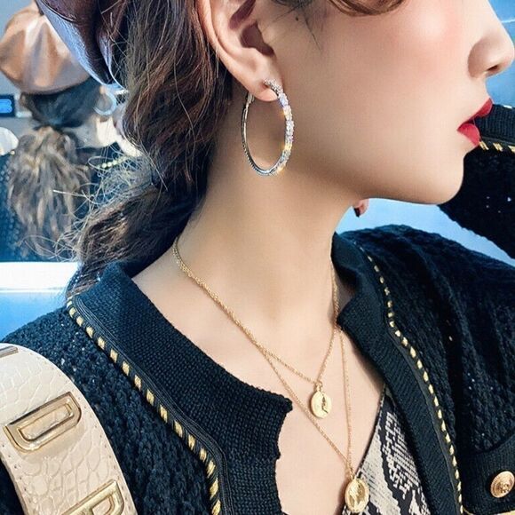 18kt White Gold PLATED CZ Diamond Hoop Earrings - Picture 8 of 9